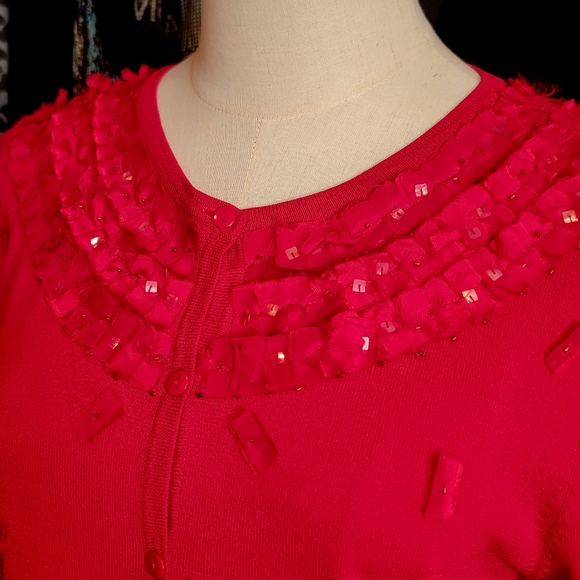 ANN TRINITY ♡ Gorgeous Red Ribbon Sequin Embellished Bling Button Front Blouse M - Picture 11 of 17